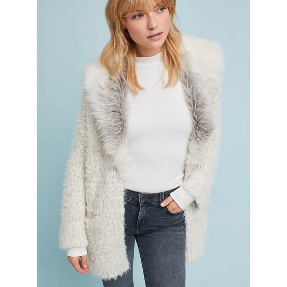Anthropologie Faux Fur-Collared Cardigan Cream Large